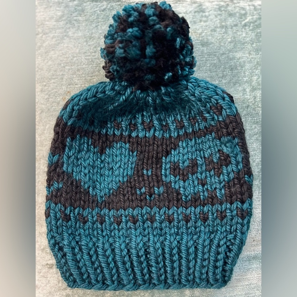 Handmade Hand Crafted Adult Knit Skull and Heart hat black and teal